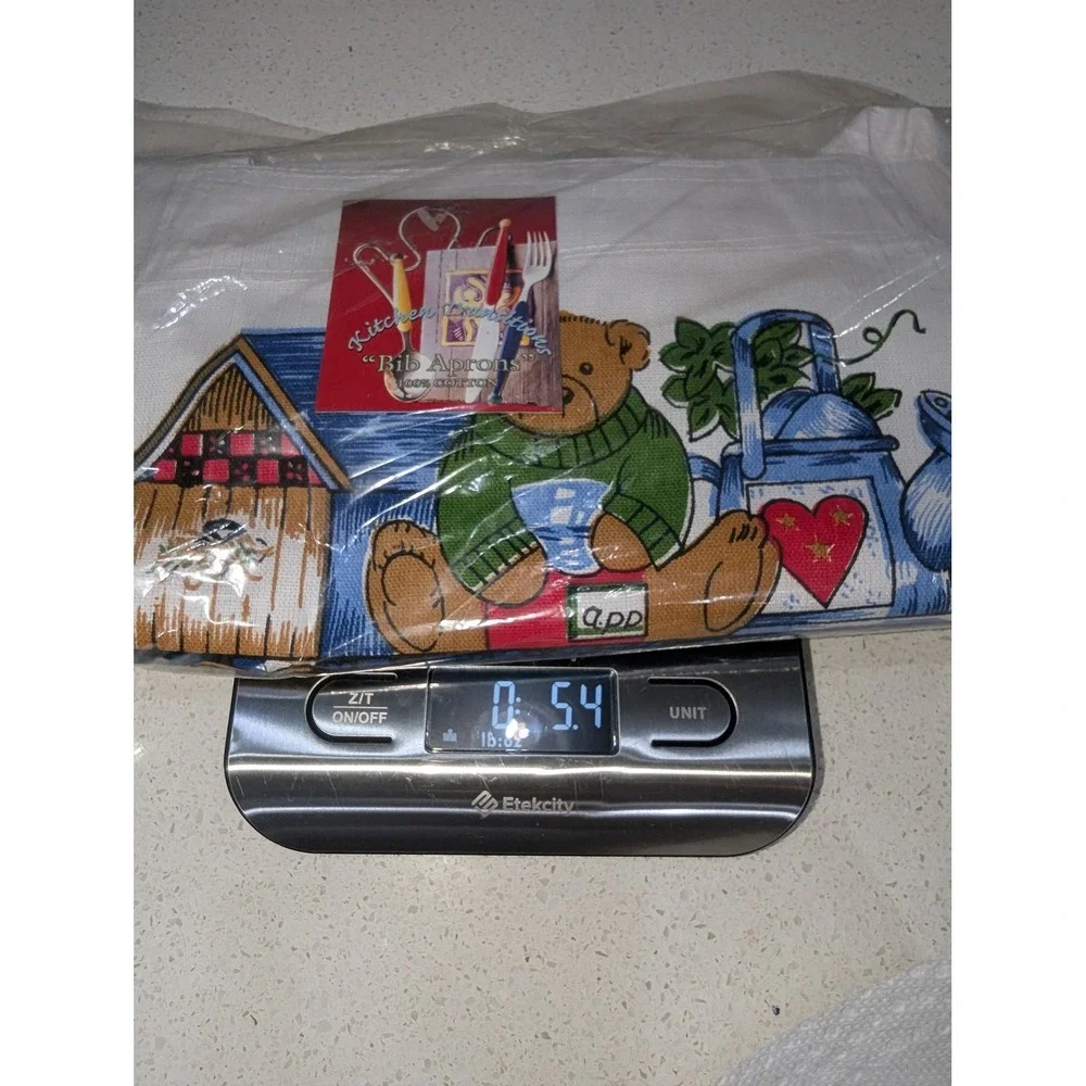 Vintage Kitchen Traditions Bib Apron White Cotton Country Teddy Bear Apple NOS